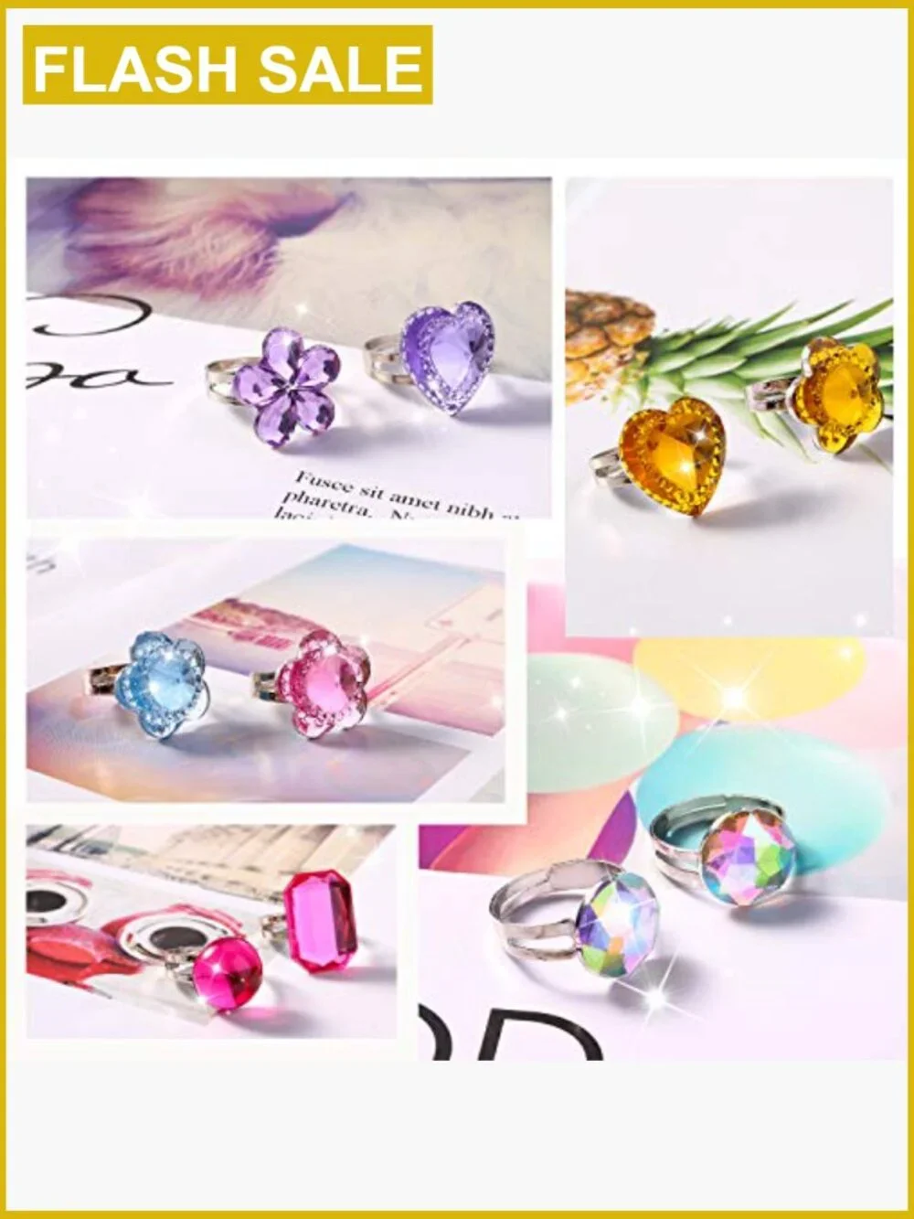 24 Pcs Adjustable Crystal Rings with Heart Box Dress Up Jewelry Girls Set